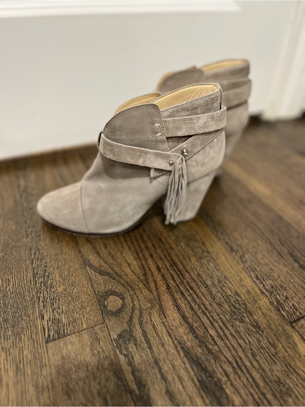 rag & bone Taupe Suede Tassel Wrap Booties
